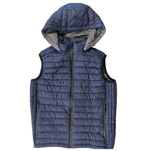 Zara Man Navy Light Puffer Vest Medium Removable Hood Zip Up Two Pocket EUC